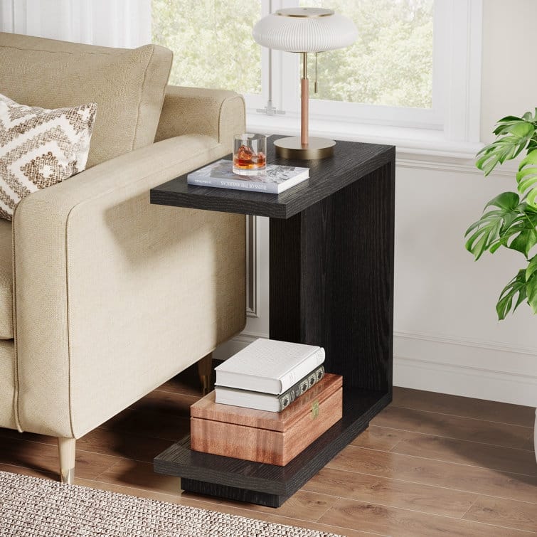 C-Shaped Side Table, 2-Tier Narrow End Table Wood Bedside Table