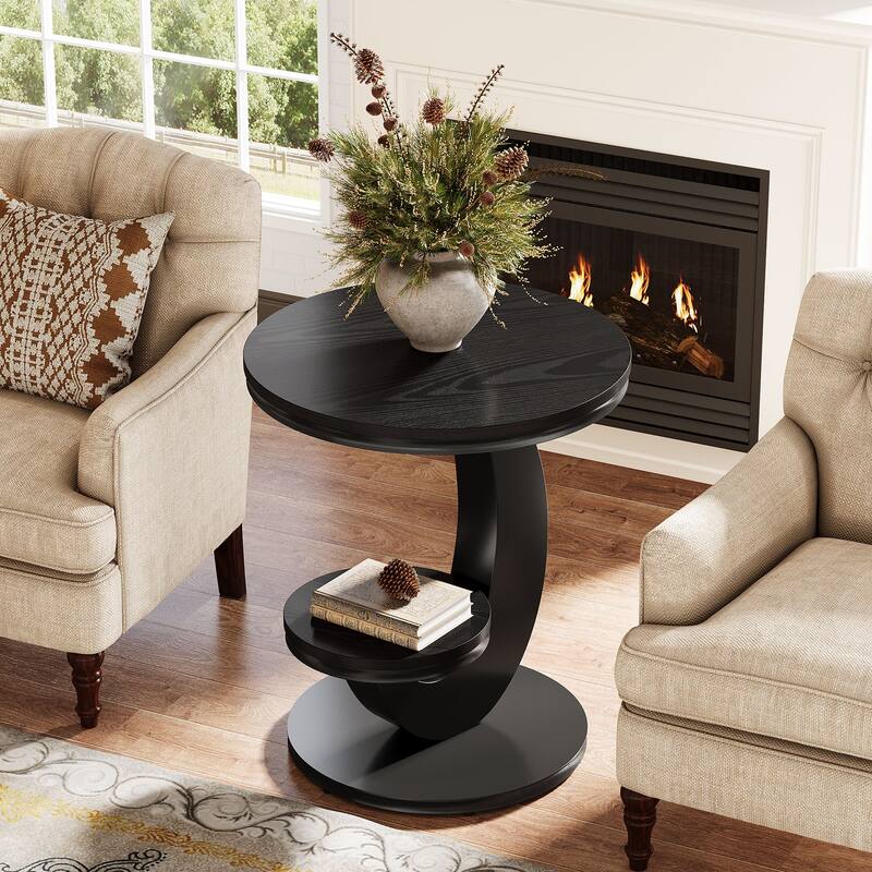Round End Table, 2 Tiers Side Table with Storage Shelf