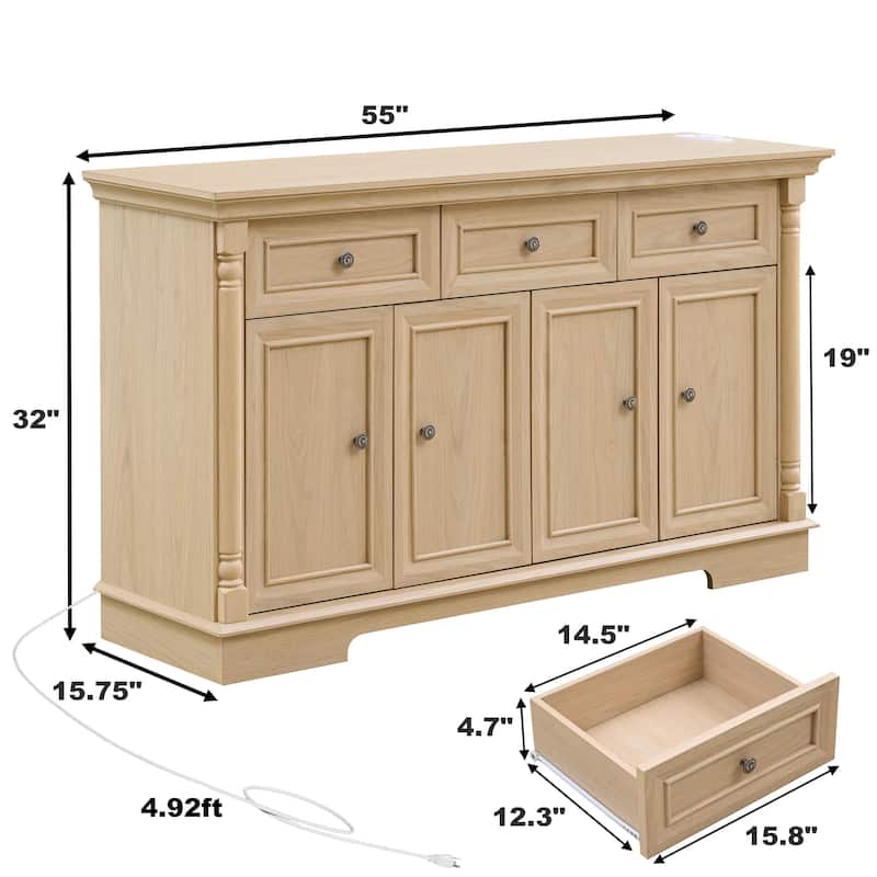 55" Farmhouse Buffet Sideboard Cabinet with Drawers and Doors, Solid Wood Coffee Bar Storage Console for Kitchen