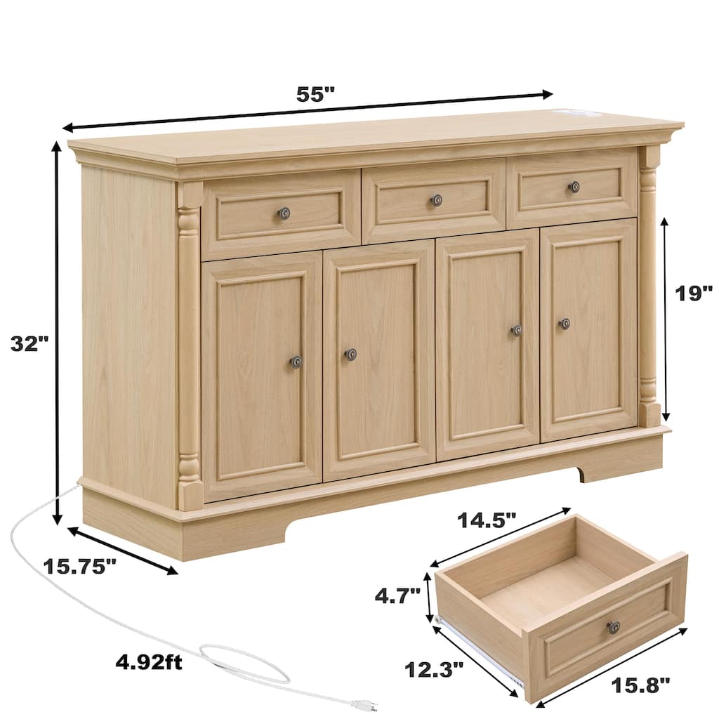 Sideboard Cabinet with Drawers & Doors, Multifunctional Wooden Coffee Bar Cabinet, Large Wall Cabinet with Roman Column Shape