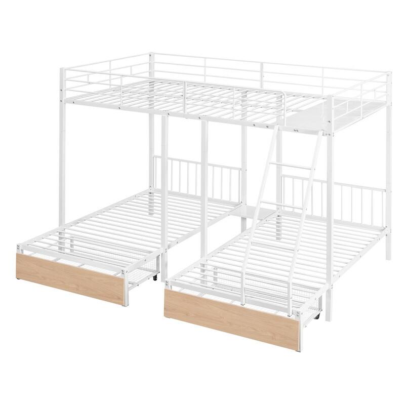 Metal Triple Bunk Bed,Full Over Twin & Twin Bunk Bed with Drawers and Guardrails,White