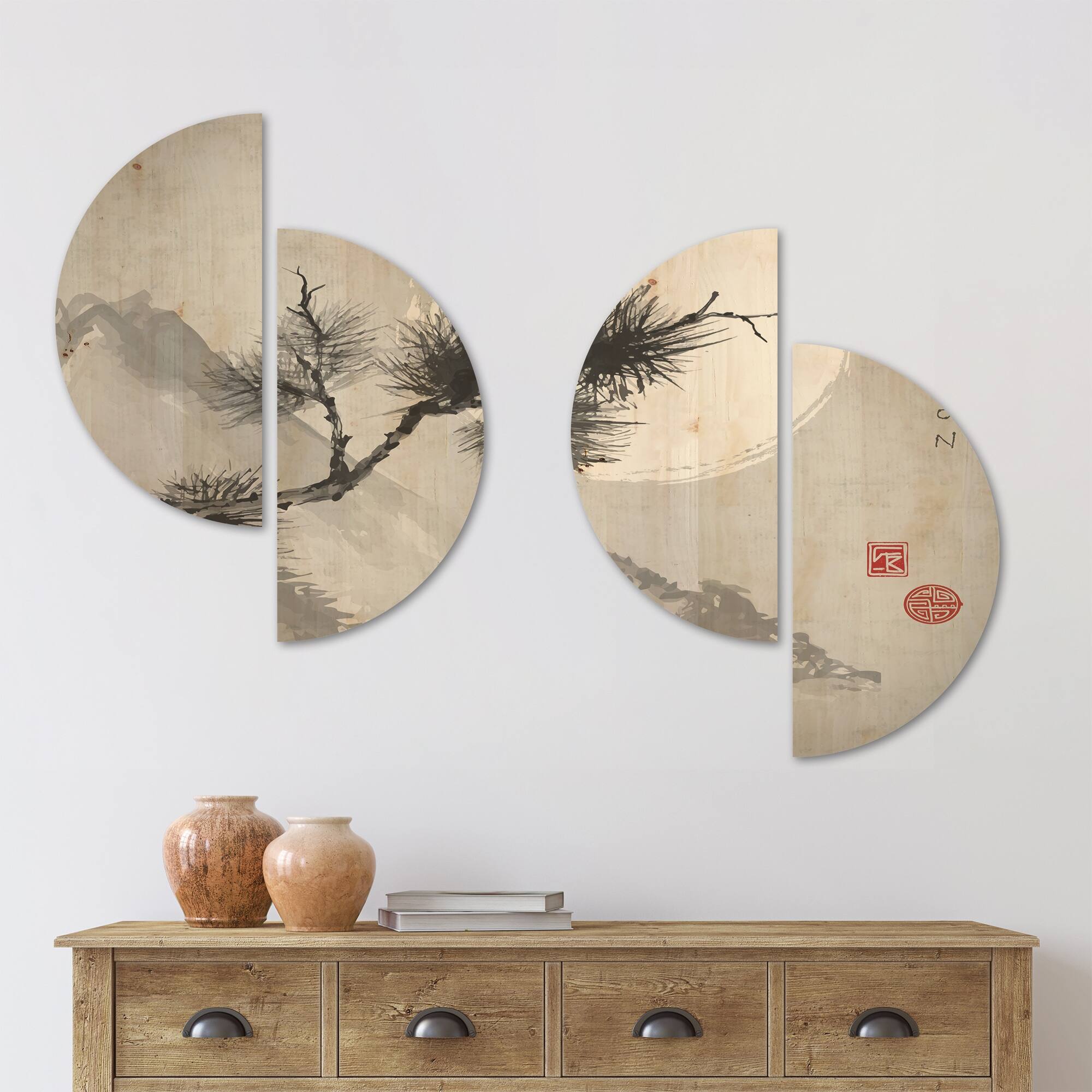Designart 'Pine Tree Branch' Japanese Wood Wall Art Set of 4 Half
