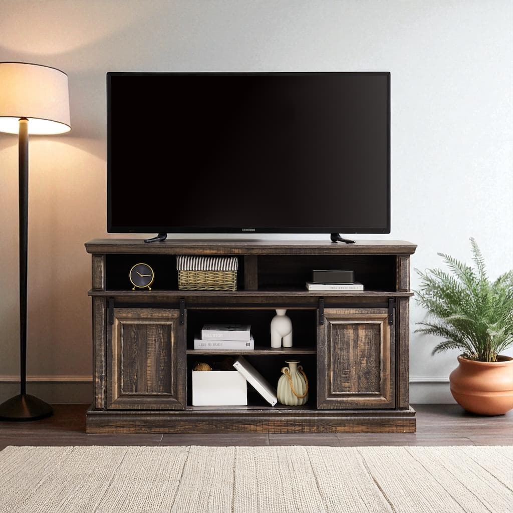58" Mid-Century Media Console with Sliding Door, TV Stand for TVs up to 65" with Storage Cabinet & Adjustable Shelves