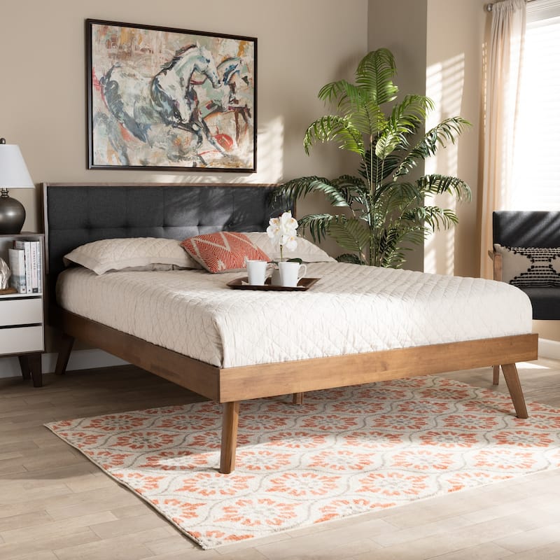 Full Size Platform Bed - Dark Grey Upholstered Bed with Headboard & Slats - Modern Wood Frame