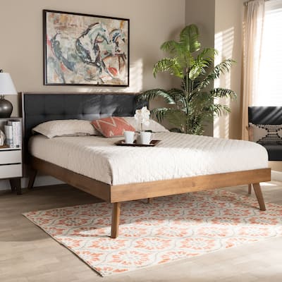 Full Size Platform Bed - Dark Grey Upholstered Bed with Headboard & Slats - Modern Wood Frame