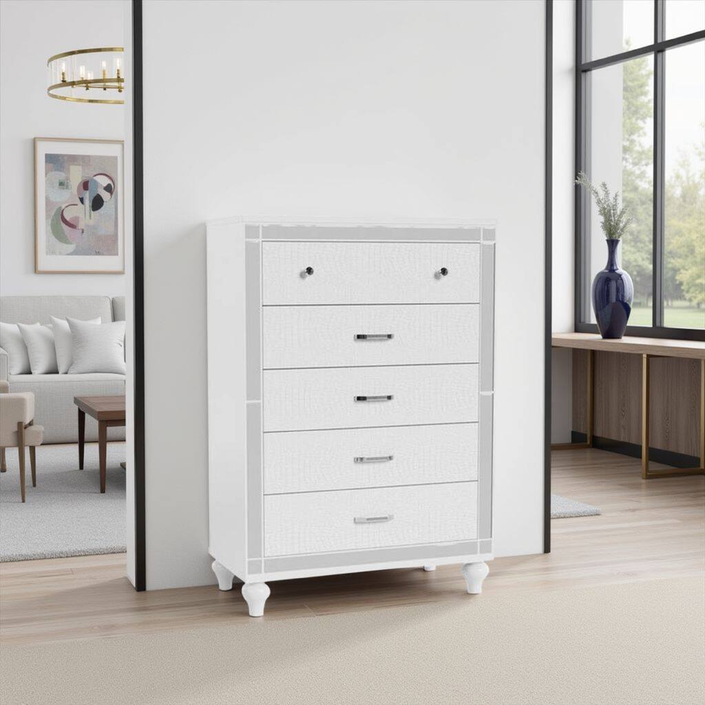 Reya Tall Dresser Chest, 5 Drawers, Crocodile Textured, White Wood