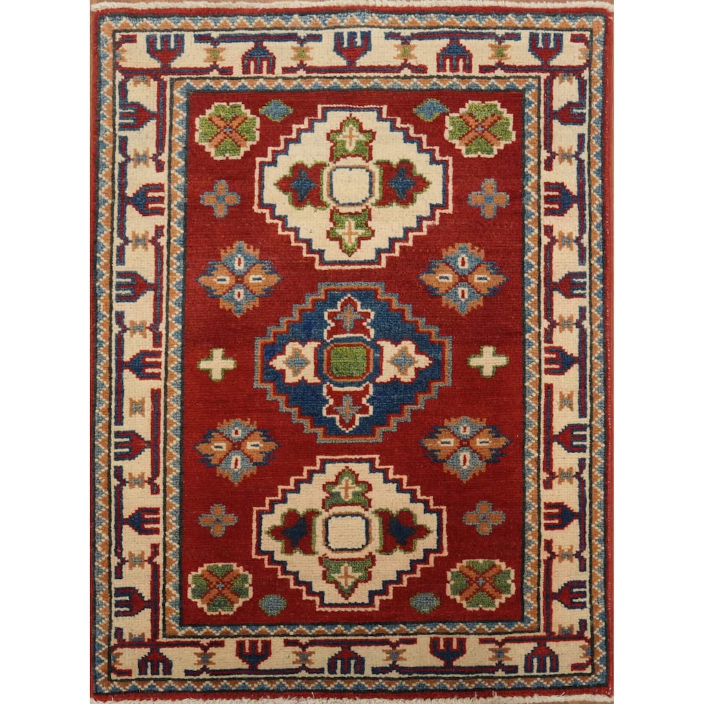 Hand Knotted Oriental 100% Wool Carpet Traditional Tribal Red Kazak Area Rug - 2' 10'' X 2' 1''