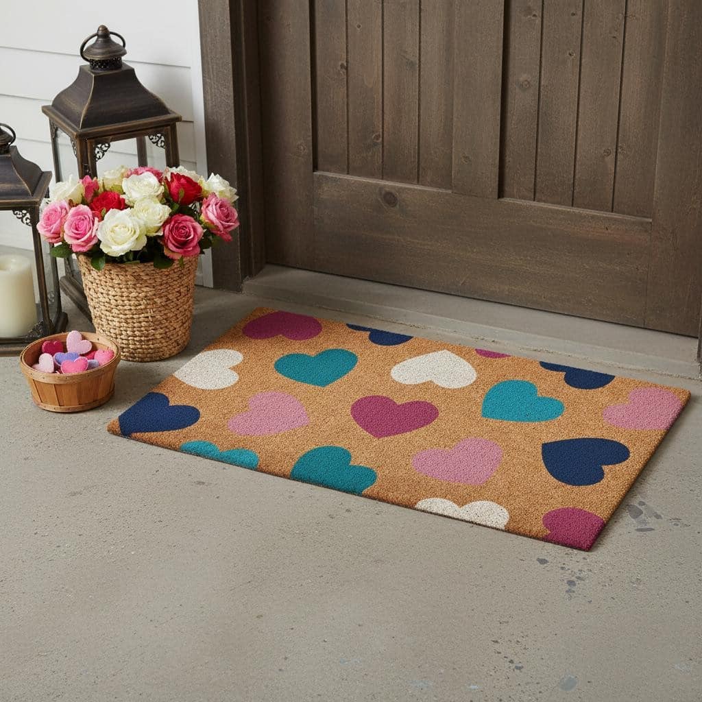 HomeRoots 17" X 29" Brown Blue Navy Blue And Light Pink Hearts Outdoor Coir Door Mat - 17.00' X '29.00