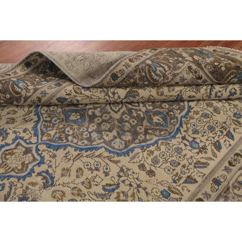Floral Tabriz Persian Area Rug Beige Hand-Knotted Wool Carpet - 6'8"x 9'6"