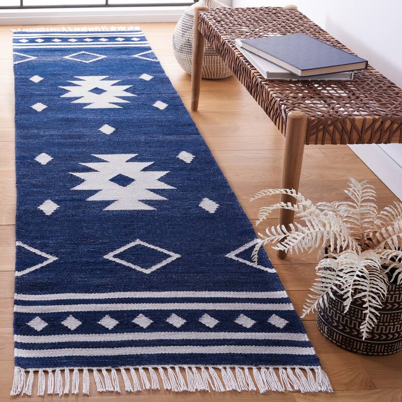SAFAVIEH Handmade Kilim Apollo Rustic Boho Tribal Rug - 2'3" x 9' Runner - Navy/Ivory