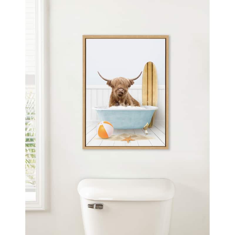 Kate and Laurel Sylvie Cow Surf Bath Framed Canvas by Amy Peterson