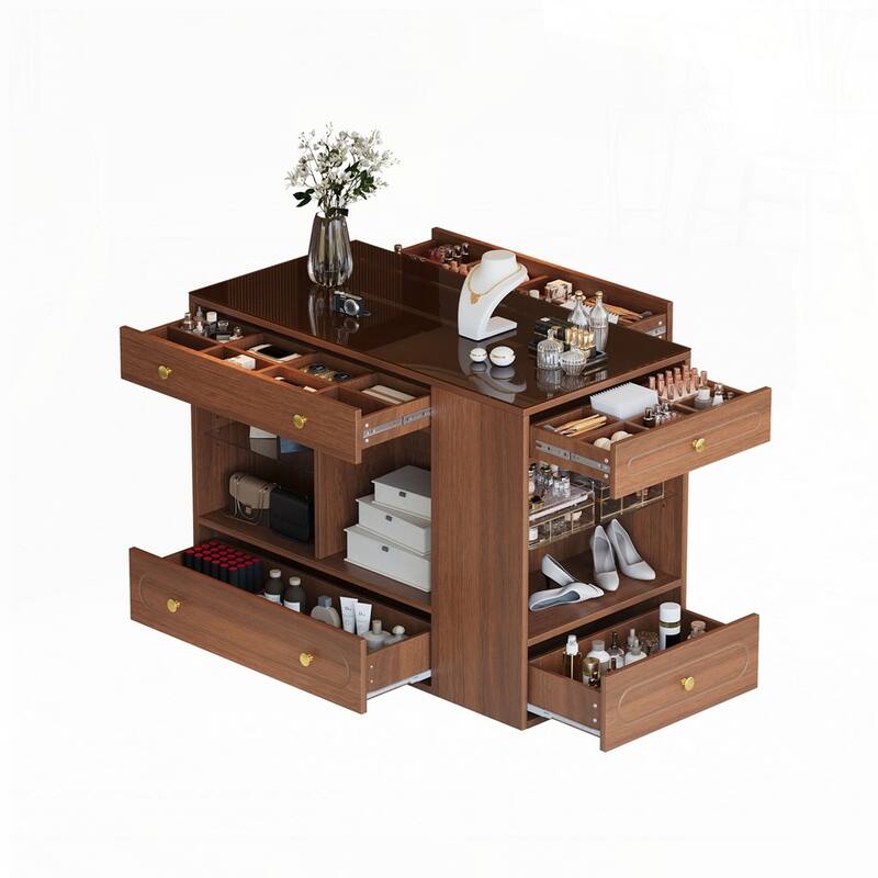 Wardrobe Armoire Bedroom Island with Glass Display Top and Open Shelves