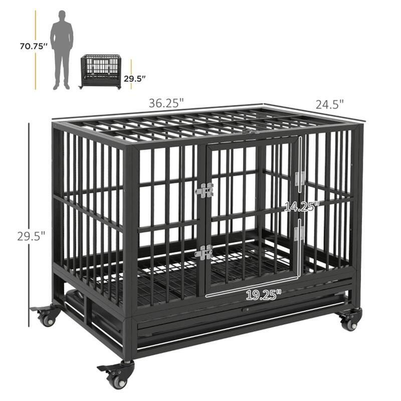 Grey Dog Cage with Secure Welded Frame Slide-Out Tray Front and Top Doors and Rolling Wheels