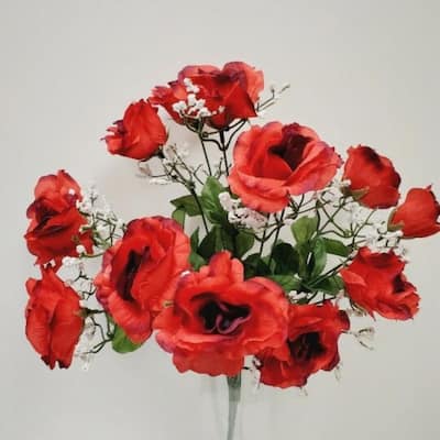 Dark Red Open Rose Bush Artificial Flower