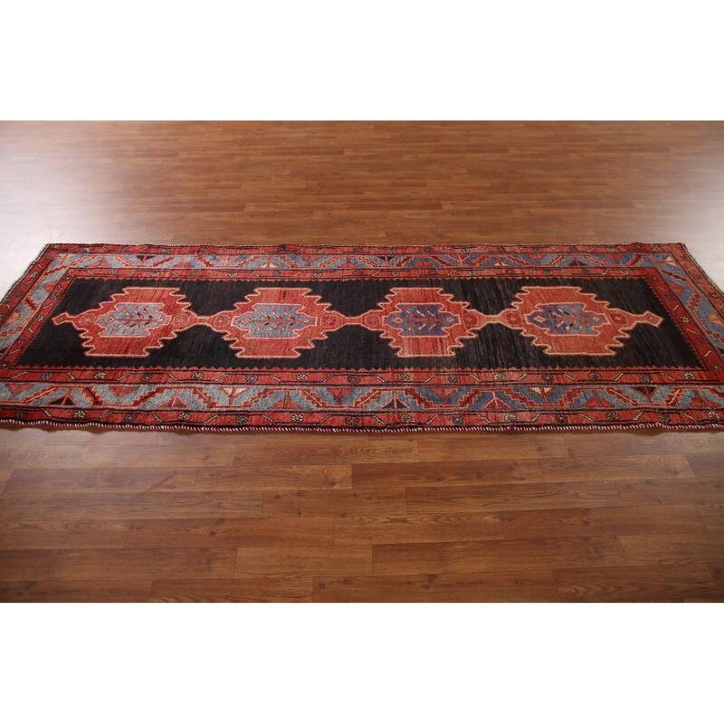 Geometric Hamedan Persian Vintage Runner Rug Hand-Knotted Wool Carpet - 3'5"x 9'9"