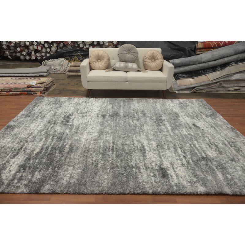 Machine Made Oriental Polyester Carpet Modern All-Over Greys & Charcoal Shaggy Area Rug - 10' 0'' X 7' 10''