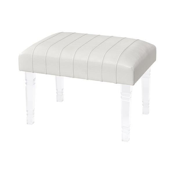23.75" White Hand-Pleated and Stitched Faux Leather Top Ottoman with Clear Acrylic Legs - N/A