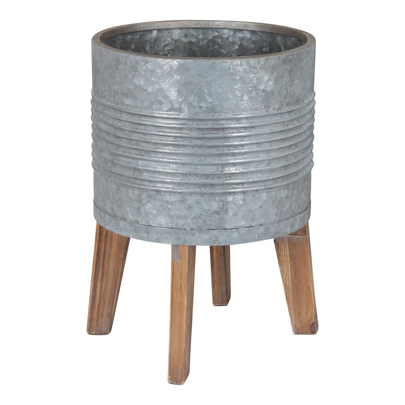 Kate and Laurel Gavri Metal Planter with Wood Stand - 11.25" Diameter - Silver/Natural