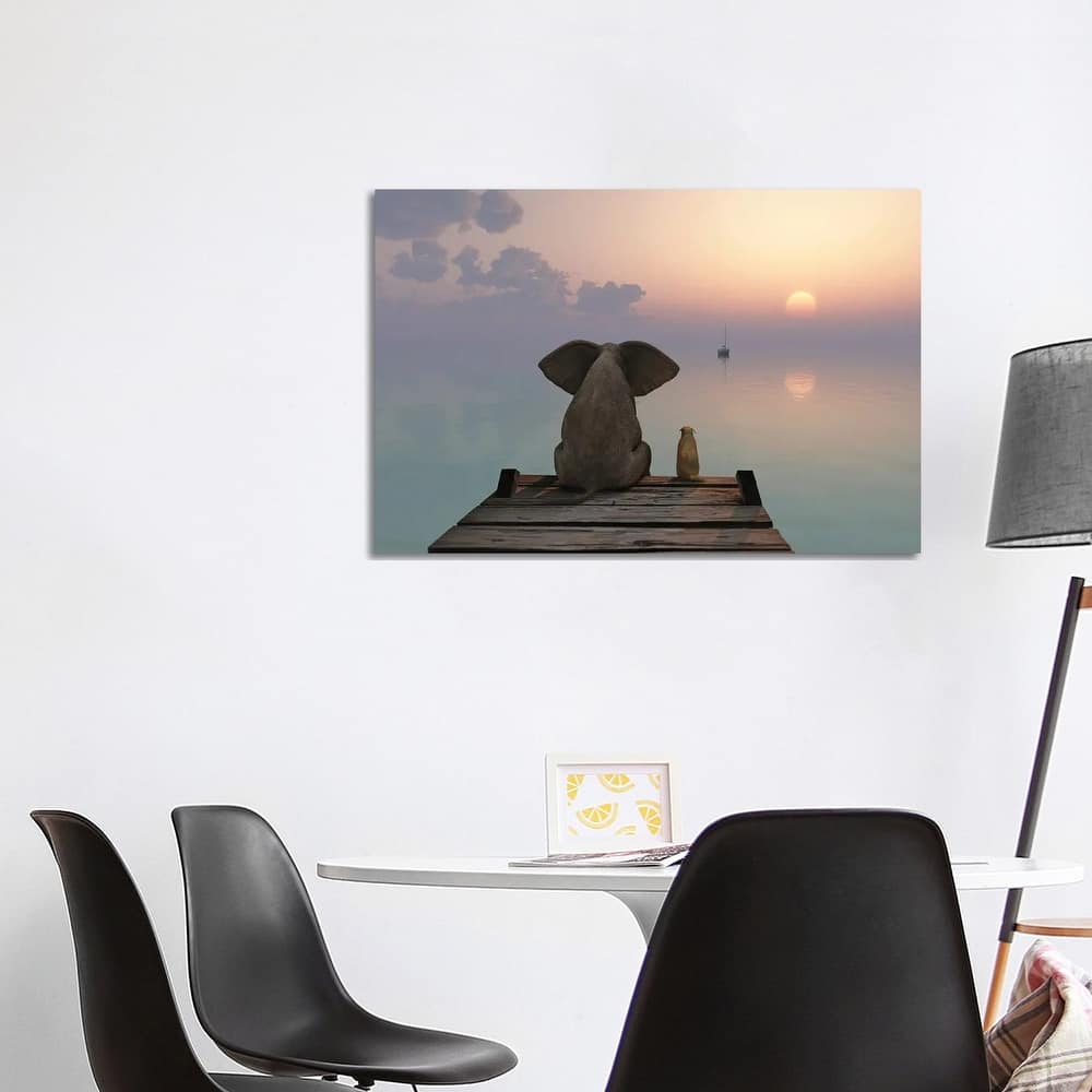 iCanvas "Elephant And Dog Sit On The Pier" by Mike Kiev Canvas Print