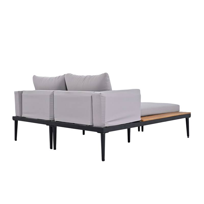 Modern Outdoor Daybed Patio Metal Daybed with Wood Topped Side Spaces for Drinks, 2 in 1 Padded Chaise Lounges for Poolside
