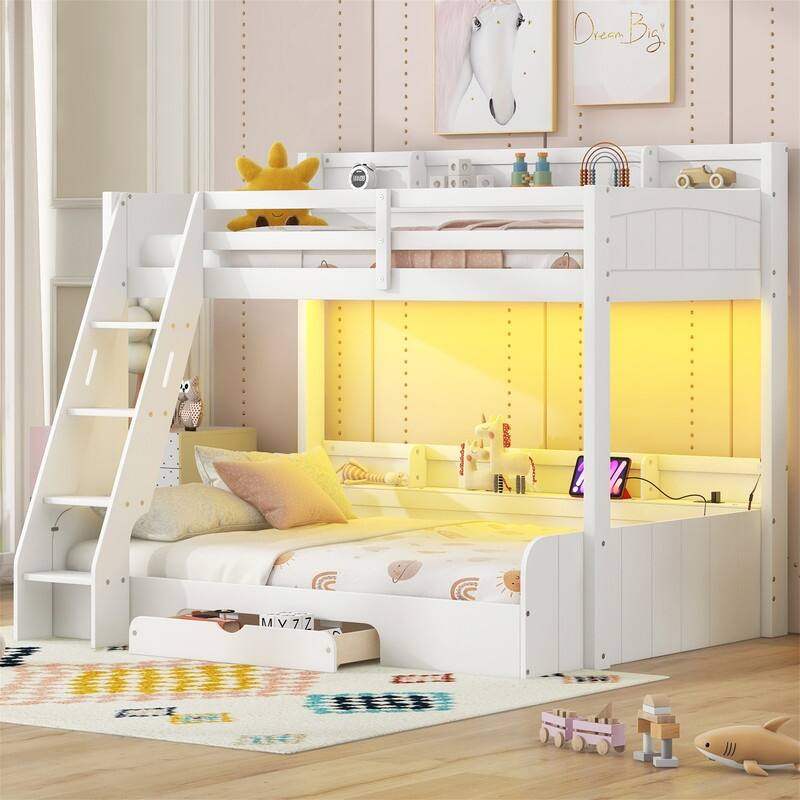 Twin over Full Bunk Bed with Storage Shelves, LED Light and Charging Station, Solid Wood Floor Bunk Bedframe w/a Drawer & Ladder