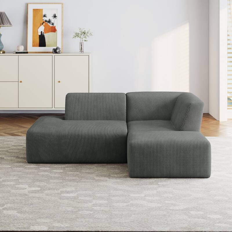 Modular All-Foam Corduroy Compression Sofa With Ottoman - Grey-3 Piece - Right Facing