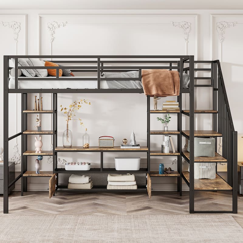 Full Size Loft Bed with Safety Guardrail, Sturdy Metal Loft Bed Frame with Storage Shelves and Staircase - Black - Full