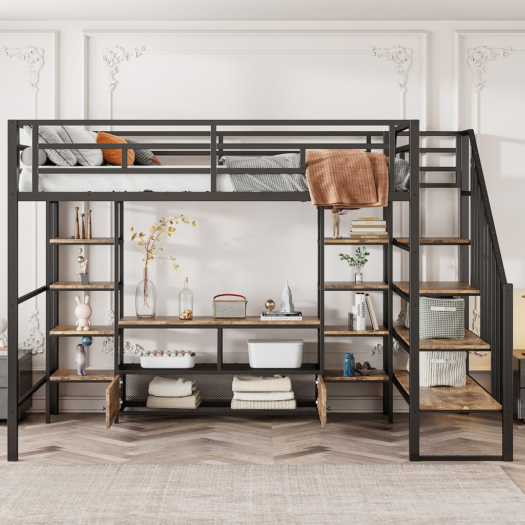 Full Size Loft Bed with Safety Guardrail, Sturdy Metal Loft Bed Frame with Storage Shelves and Staircase
