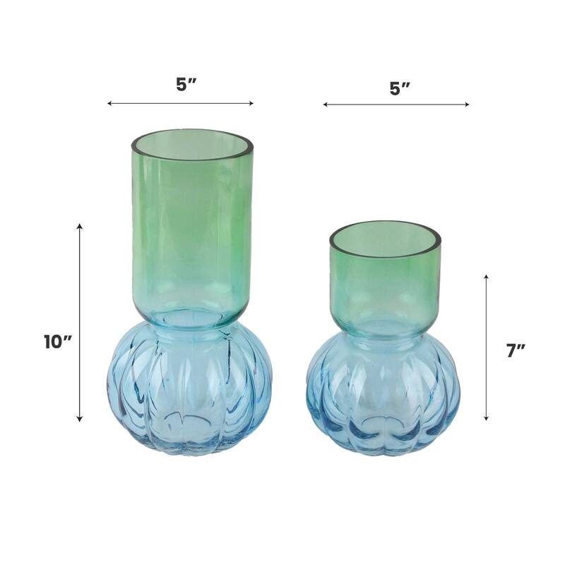 Two-Tone Green and Blue Set of 2 Bubble Shaped Modern Glass Vases