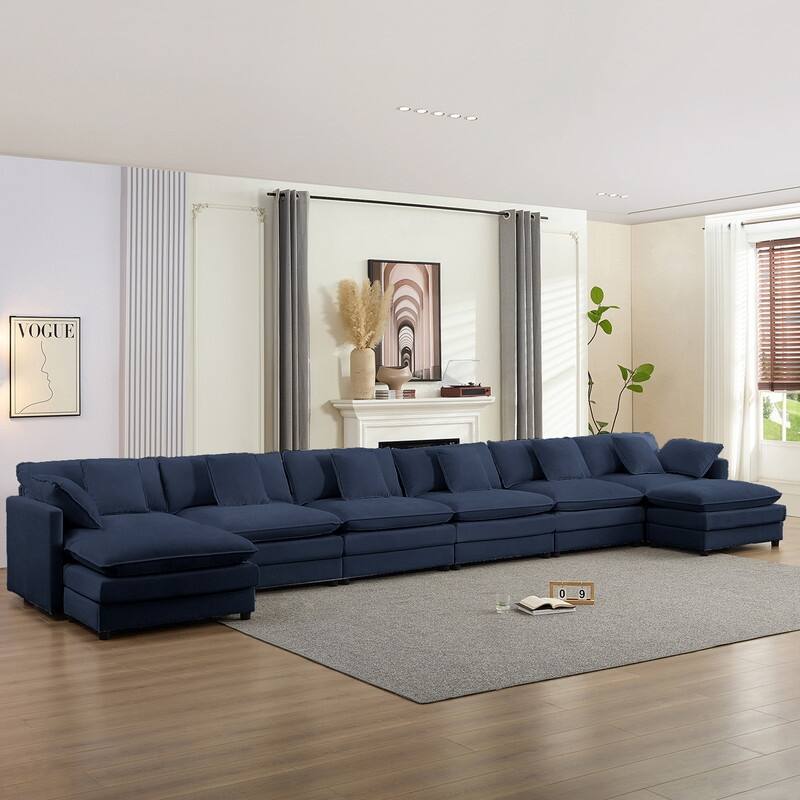 Mixoy 217''U-Shaped Modular Sectional Sofa,8-Seater Cloud Couch with Ottoman and Cushions,Sleeper Deep Seat Couches - 6+2 - BLUE - Symmetrical