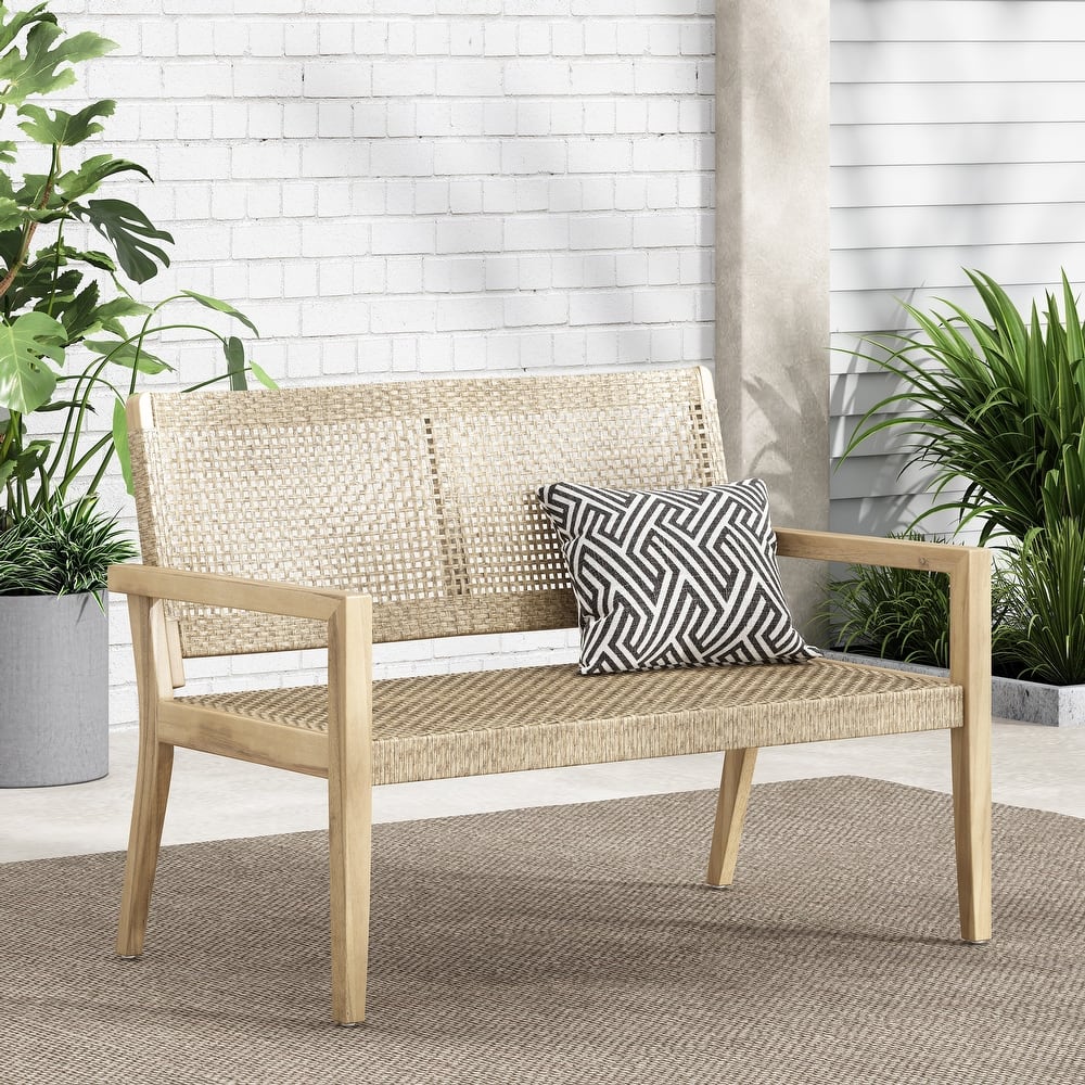 Kiara Outdoor Wicker and Acacia Wood Loveseat by Christopher Knight Home