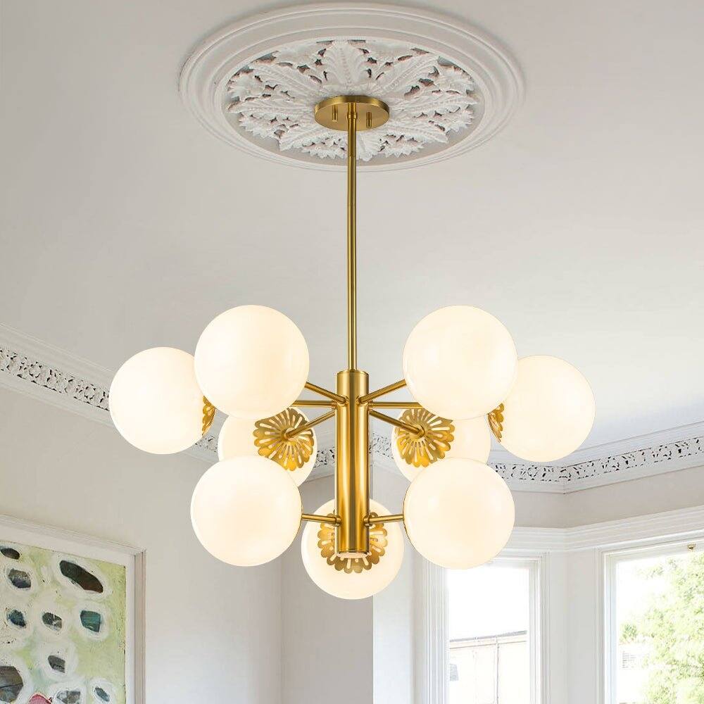 MidCentury Opaque White Glass Globe Sputnik Chandelier Aged Brass