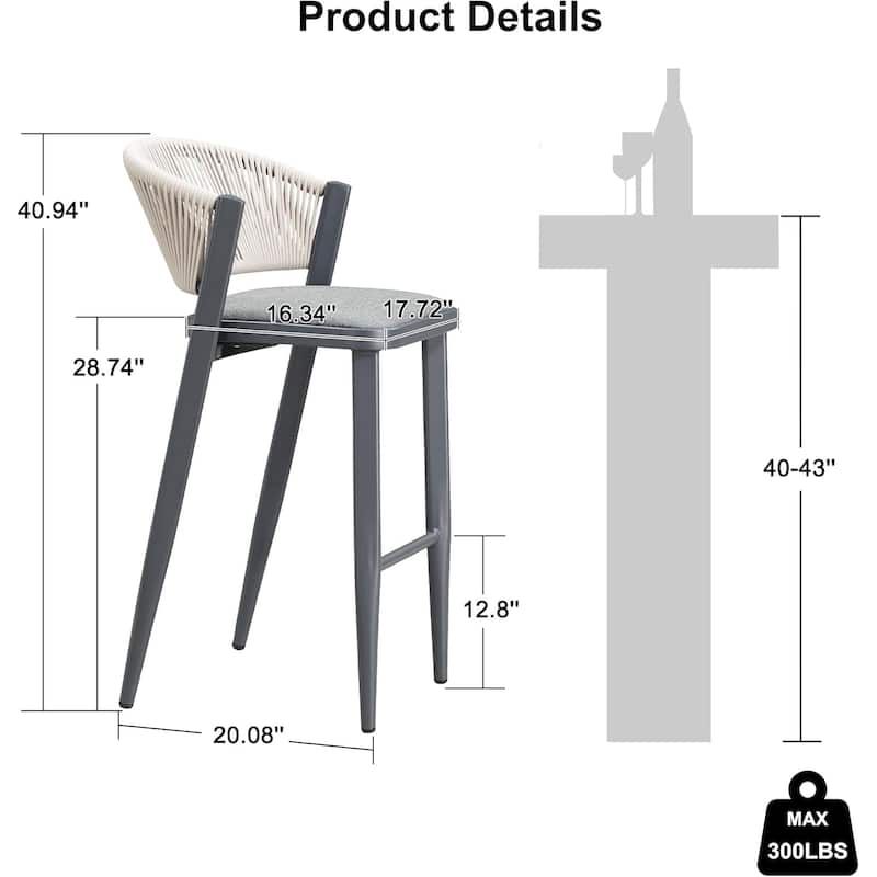 PURPLE LEAF Bar Stool Set of 2 Outdoor Rattan Bar Chair with Back Metal Bar Height Stool Wicker Barstool Dark Grey - N/A