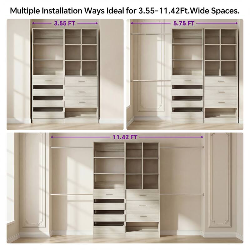 Set of 2 Closet System with 7 Wooden Drawers ＆ 4 Hanging Rods, Heavy Duty Walk-in Closet Organizer System with Shelves