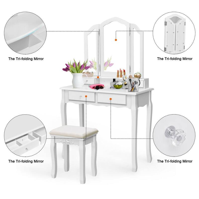 Gymax Bedroom Tri Folding Mirror Vanity Makeup Table Stool Set White