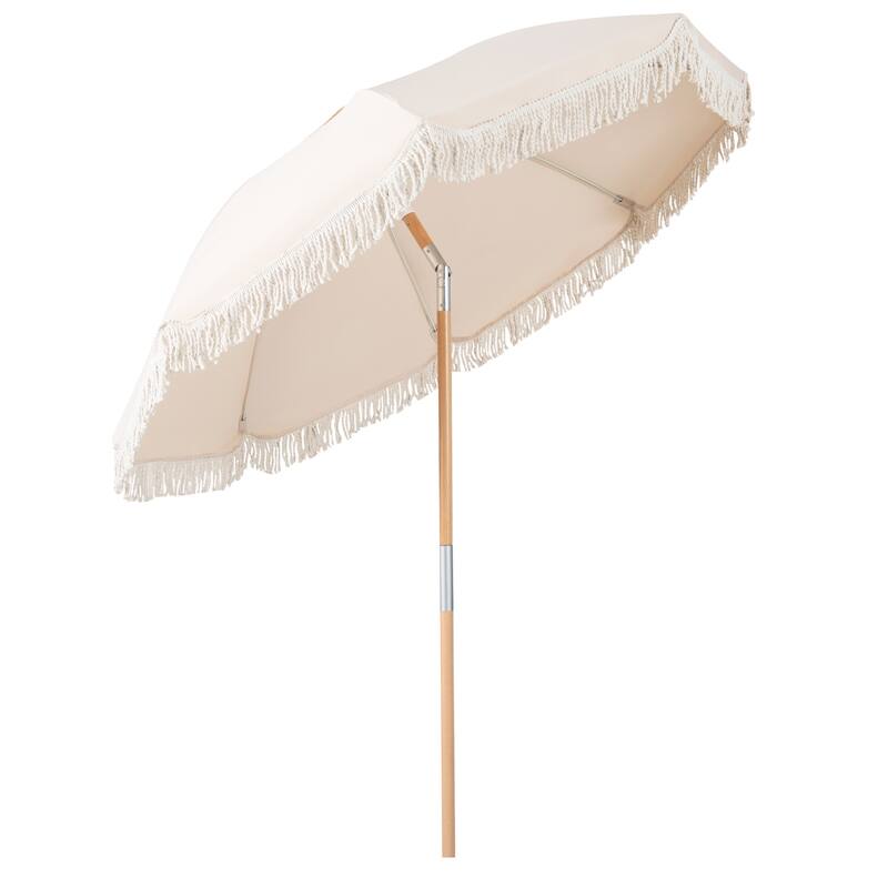Gymax 6 FT Patio Umbrella w/ Fringe Push Button Tilt 8 Sturdy Ribs - White