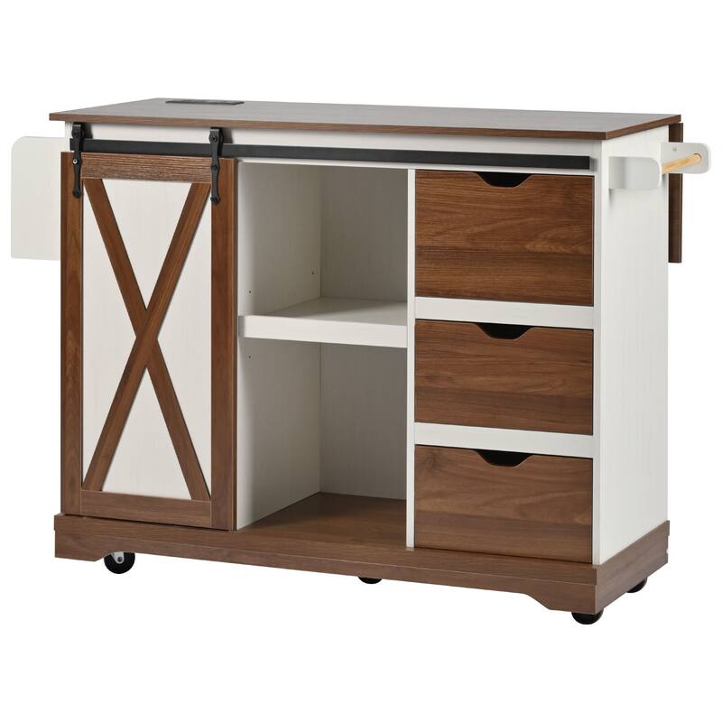 55" Wood Rolling Kitchen Island with Drop Leaf,Barn Door,Power Outlet