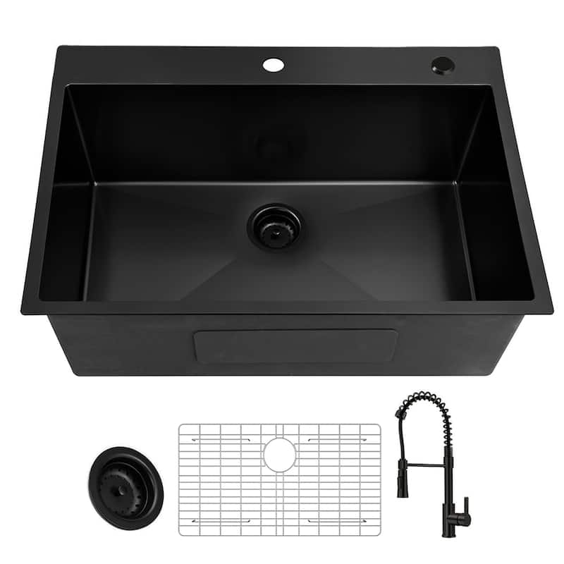 30 inch Drop-in Single Bowl Kitchen Sink, 18 Gauge Black Stainless Steel Kitchen Sink, Handmade Topmount Sink - Black