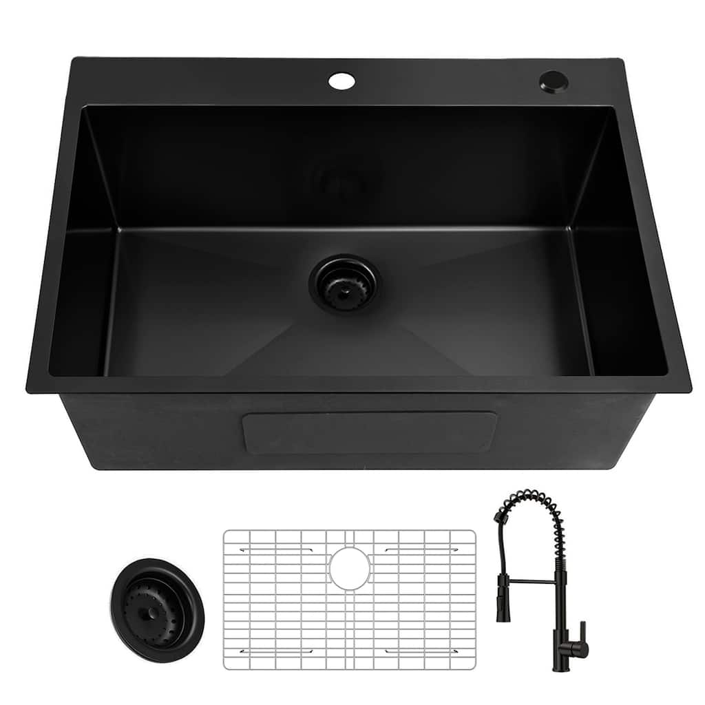 30 inch Drop-in Single Bowl Kitchen Sink, 18 Gauge Black Stainless Steel Kitchen Sink, Handmade Topmount Sink