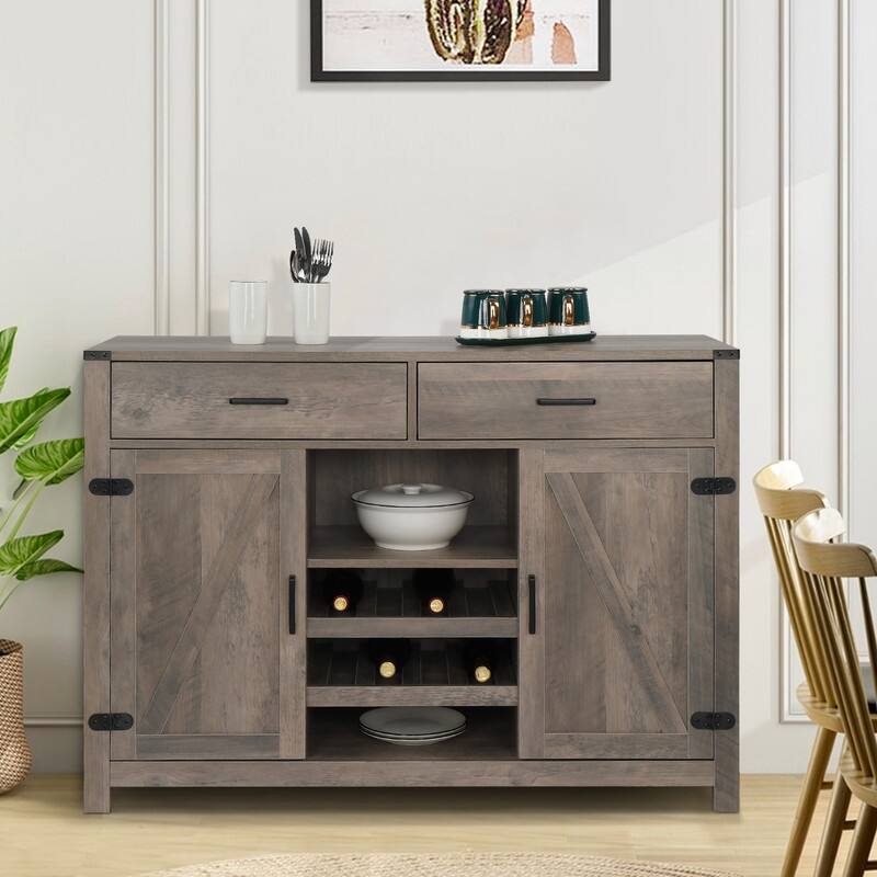 47" Length Double Door Sideboard Dining Buffet With One Drawer Adjustable Shelf Gray
