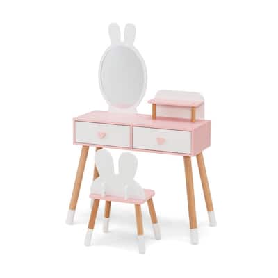 2 in 1 Wooden Princess Kids Vanity Set with Mirror-White - N/A