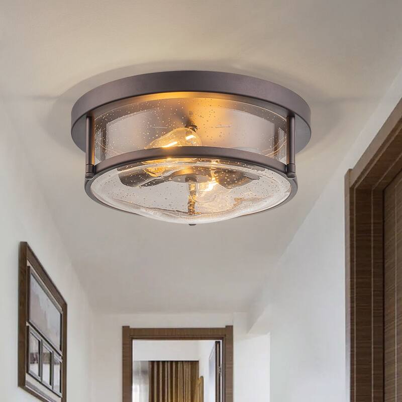 Farmhouse Black Round Seeded Glass Drum Semi Flush Ceiling Light -12in