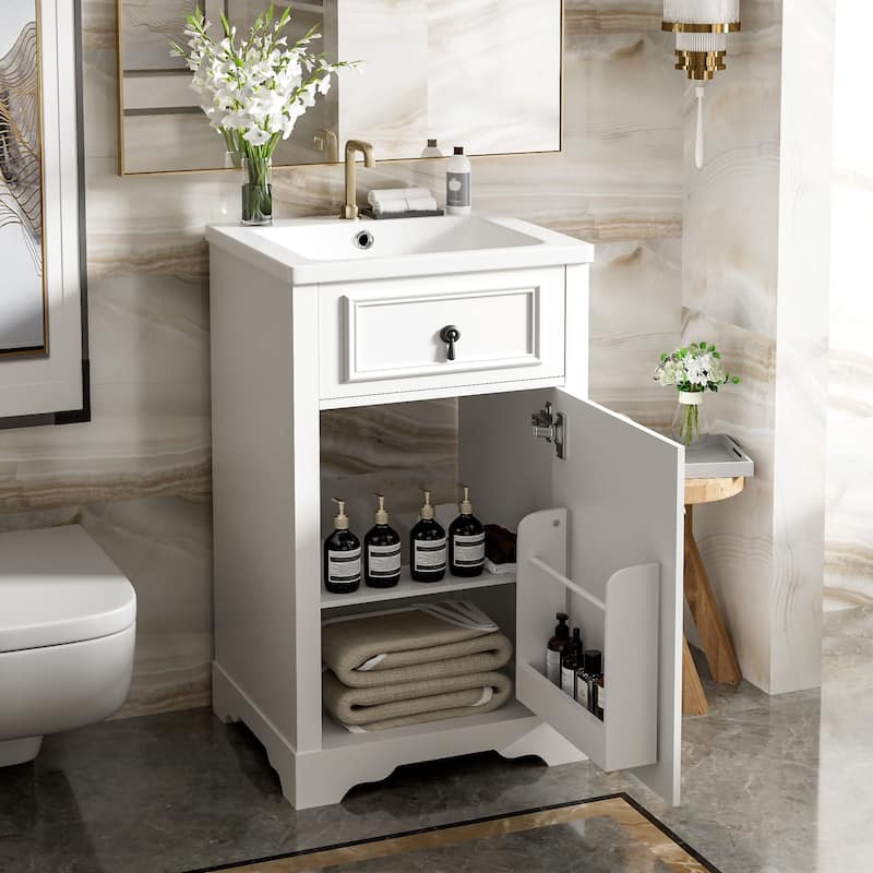 20-Inch Bathroom Vanity with Ceramic Sink, Soft Close Door, Adjustable Shelf, and Door-Mounted Storage Rack - White