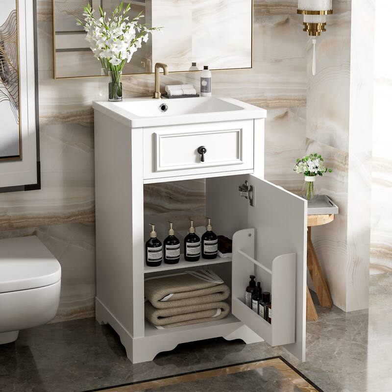 Compact 20-Inch Bathroom Vanity with Ceramic Undermount Sink, Soft Close Door, Adjustable Storage Shelf - 18in L Solid Wood+MDF - 18in L White