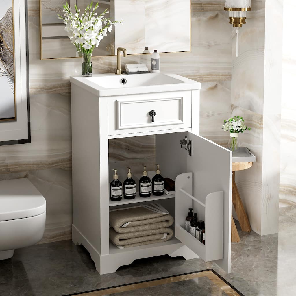 Small Bathroom Vanity with Ceramic Sink, Narrow Bathroom Cabinet with Soft Close Door, Storage Cabinet with Adjustable Shelf