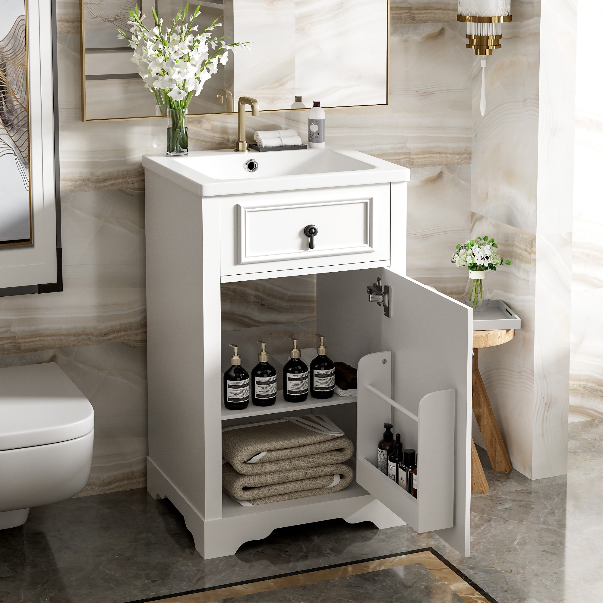 Small Bathroom Vanity with Ceramic Sink, Narrow Bathroom Cabinet with Soft Close Door, Storage Cabinet with Adjustable Shelf