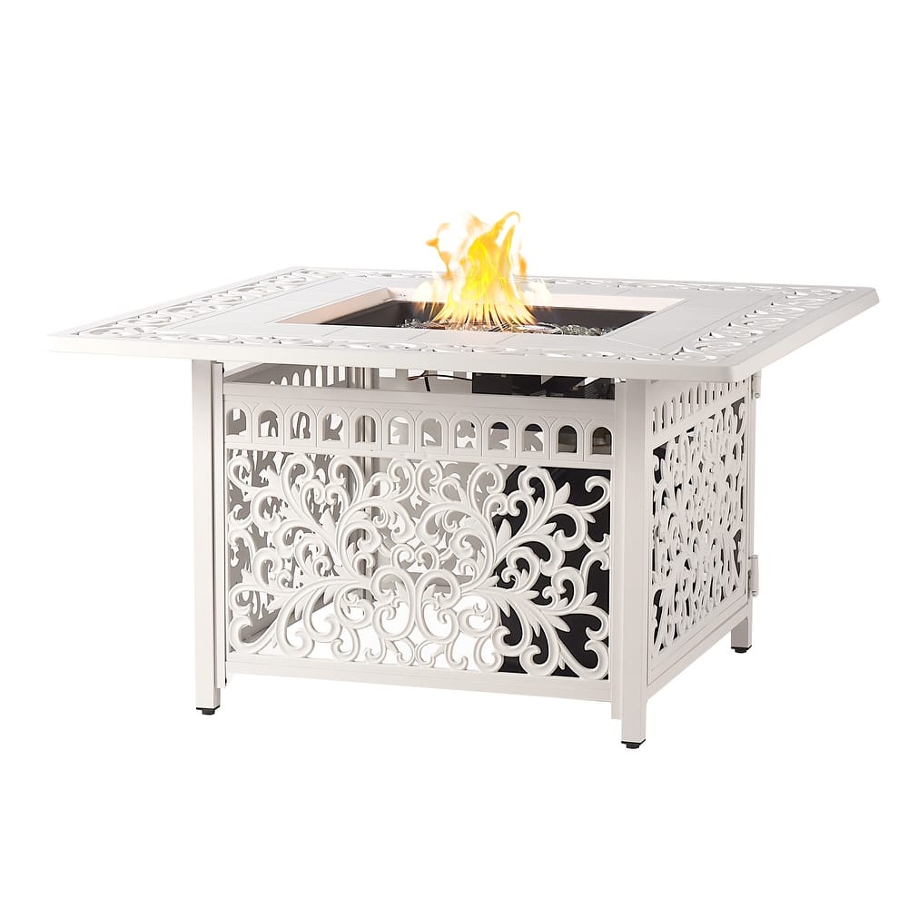 Square 42 in. x 42 in. Aluminum Propane Fire Pit Table with Glass Beads, Two Covers, Lid, 57,000 BTUs