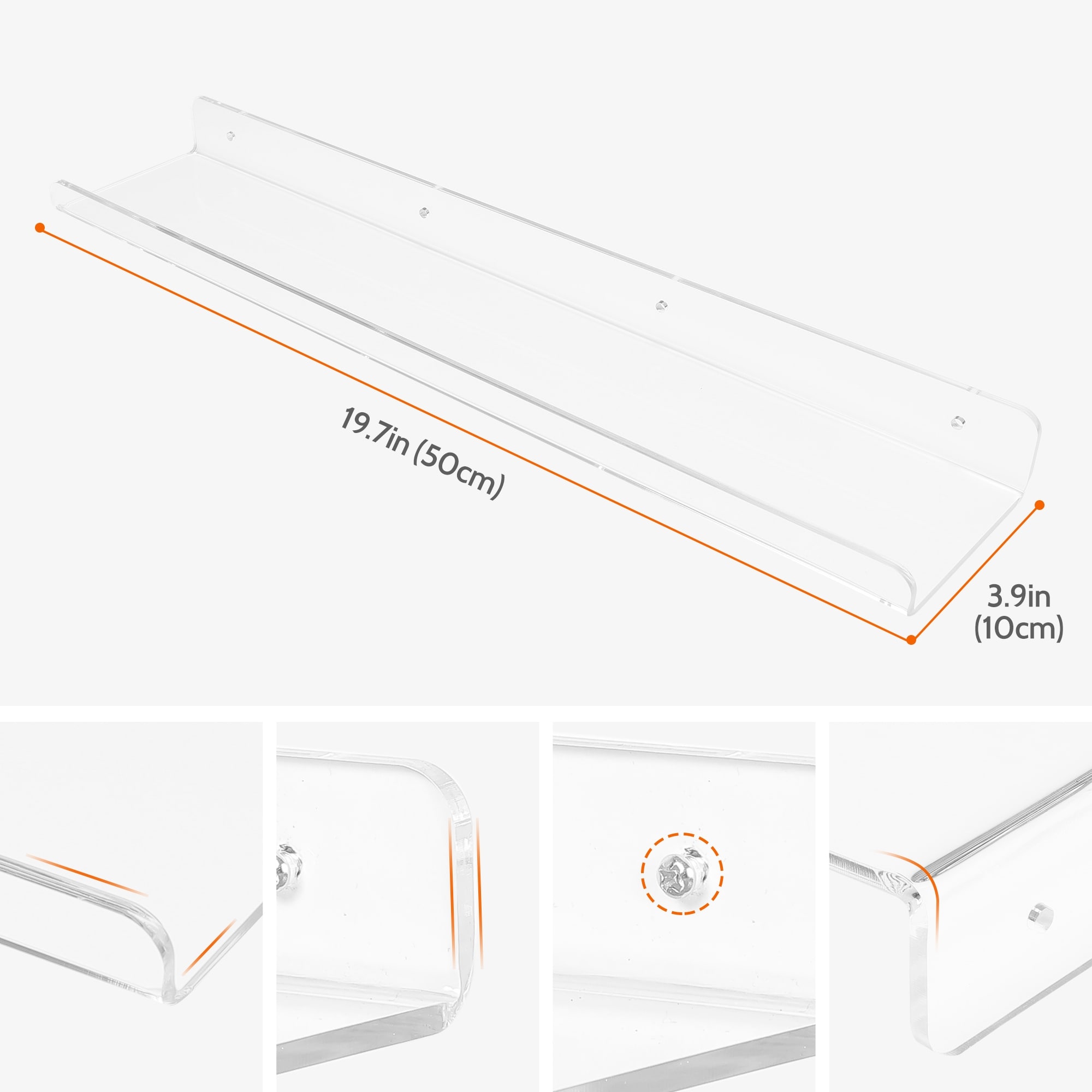 Acrylic Floating Shelves for Wall, Clear Acrylic Shelves for Living Room and Kitchen Room Wall Mounted Display Shelf Clear