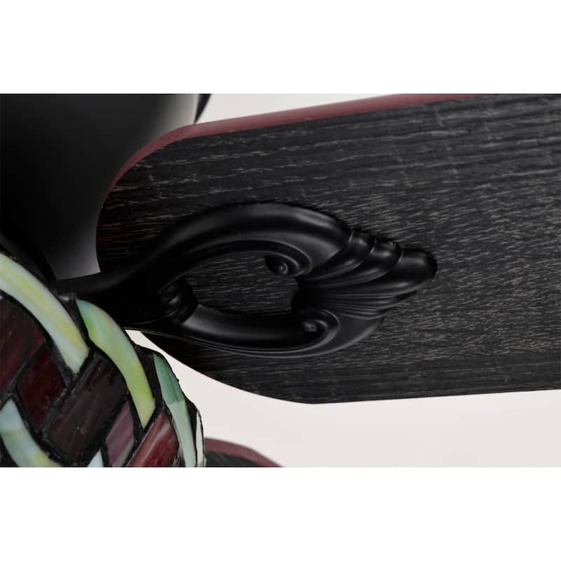 Chergo 52-Inch Flushmount Lighted Ceiling Fan Red Flower Tiffany Glass Lamp Black Finish
