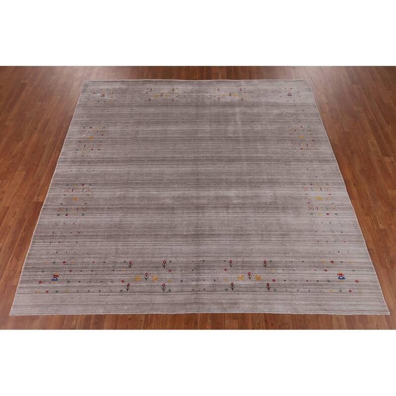 Striped Gabbeh Oriental Square Area Rug Handmade Silk Carpet - 7'11" x 7'9"